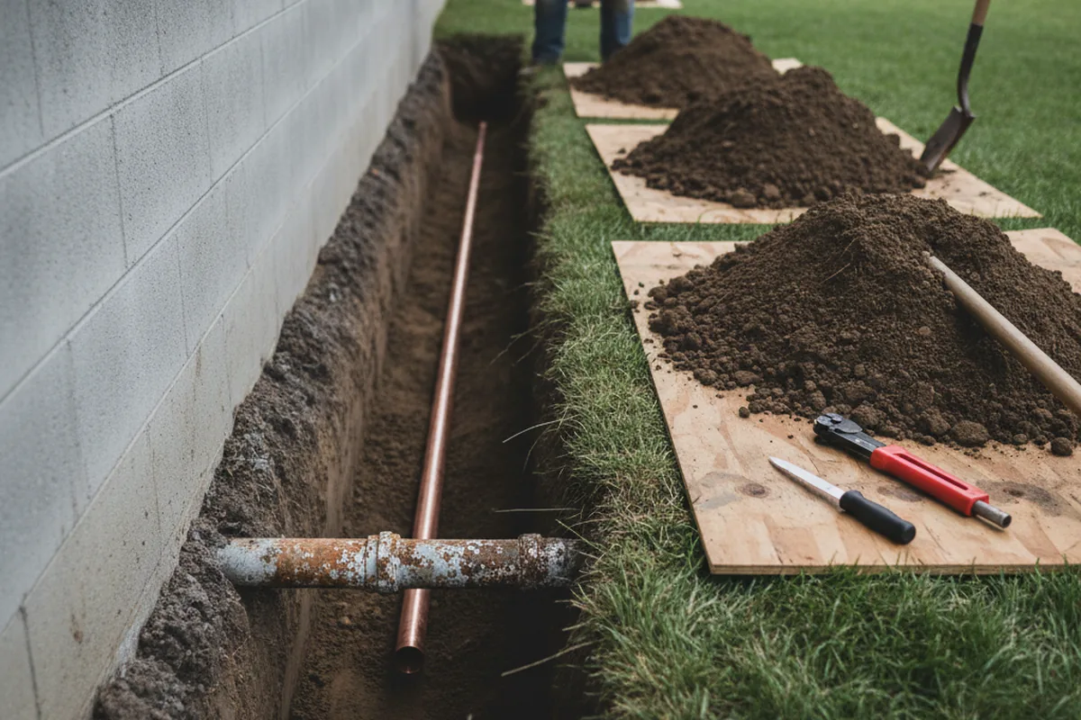 Excavated water line trench during Water Softener Installation in Ashby